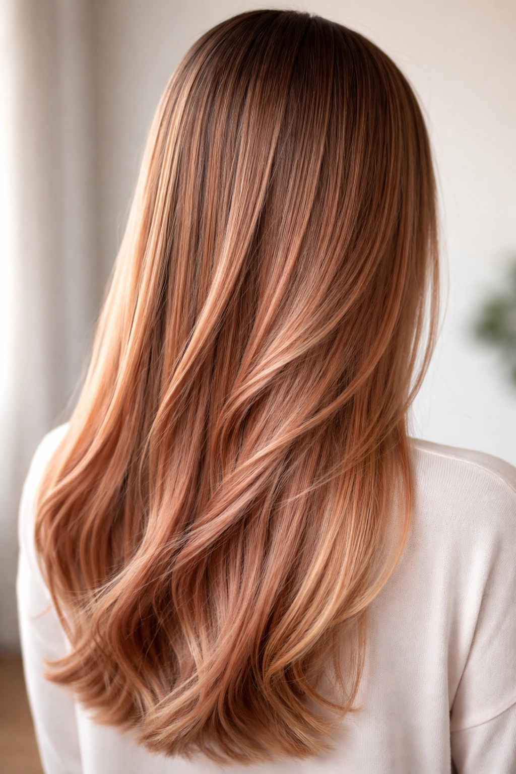 Close-up of straight hair with rose gold balayage showing warm rose-gold tones