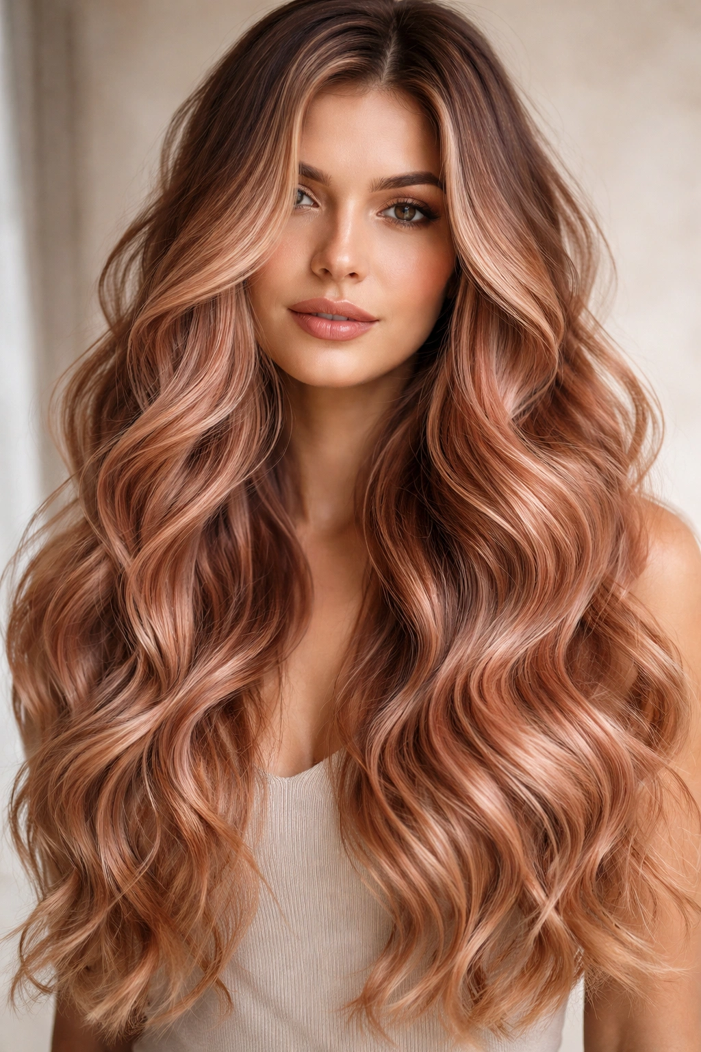 Close-up of textured waves with rose-gold balayage in studio lighting