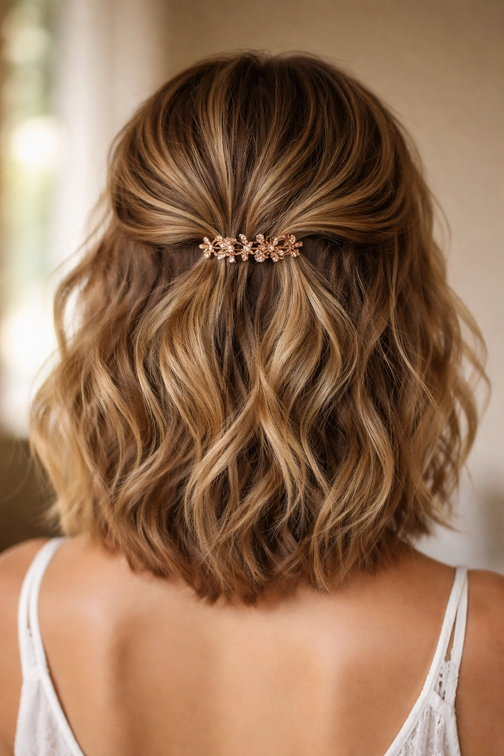 Tousled waves with a small rose gold clip securing sections at the back