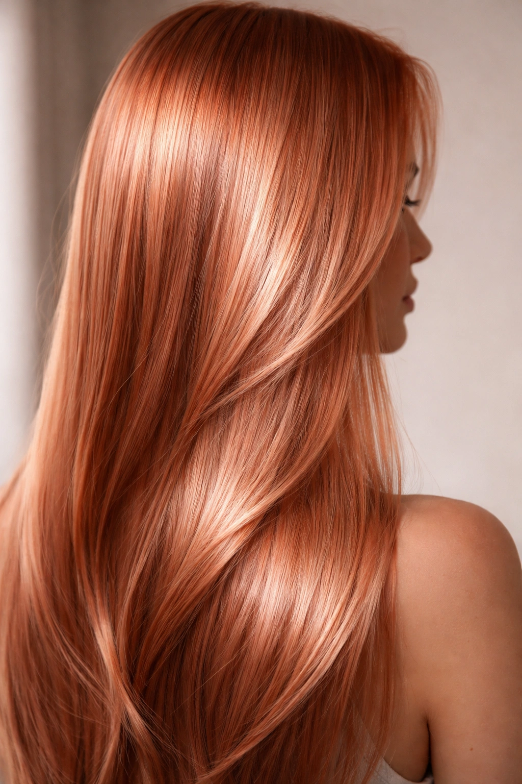 Close-up of straight hair in rose gold copper with pink and gold undertones catching light