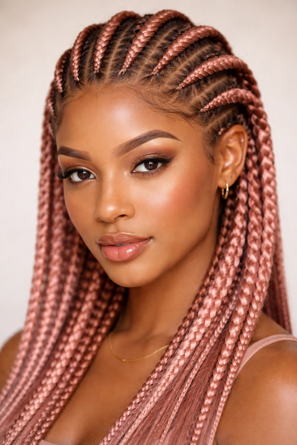 Close-up of rose gold feed-in cornrows with copper-pink metallic sheen along the scalp