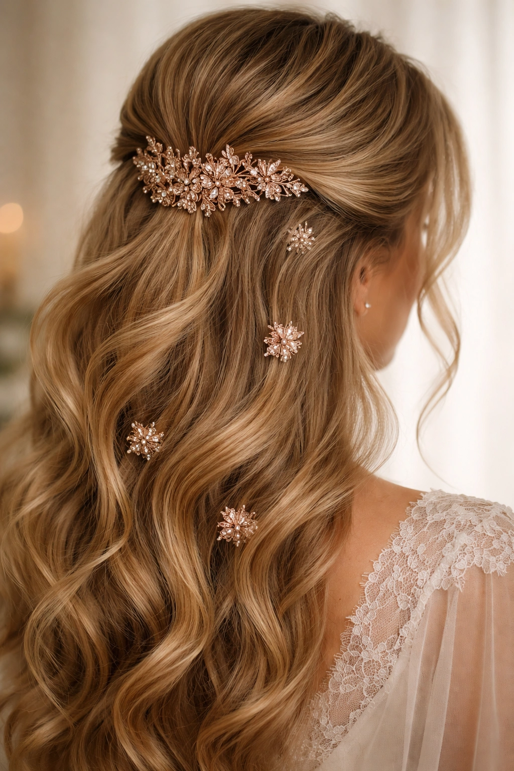 Close-up of a rose gold filigree half-up hairstyle with ornate combs and pins