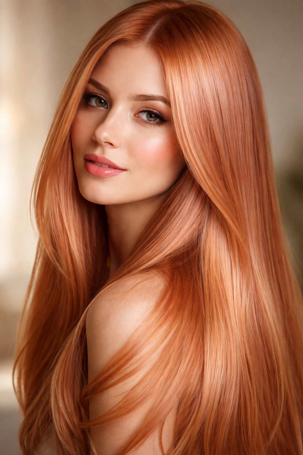 Close-up of rose gold ginger hair on straight strands with iridescent tones