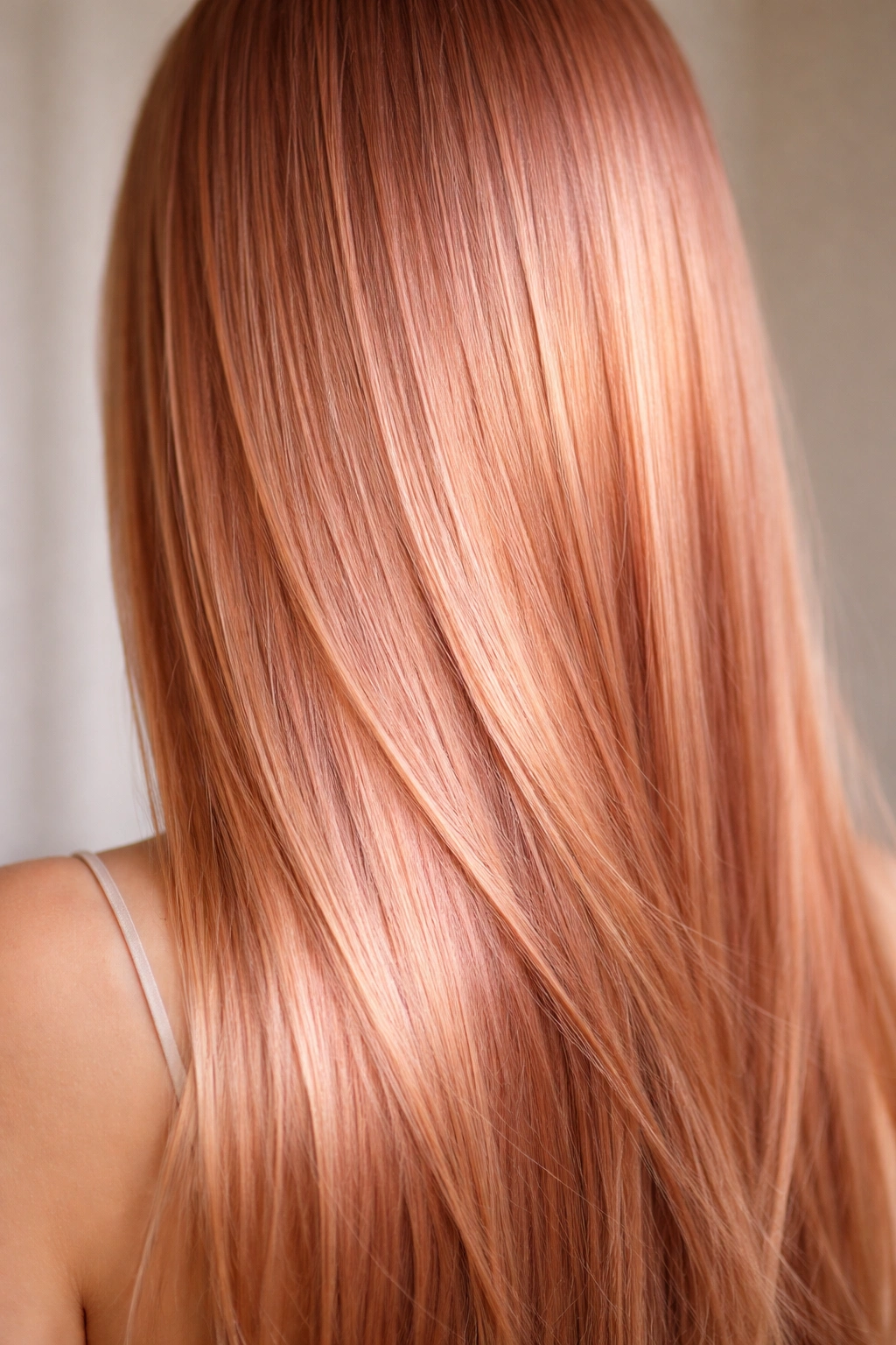 Close-up of rose gold straight hair with pink, peach, and gold reflections in studio lighting