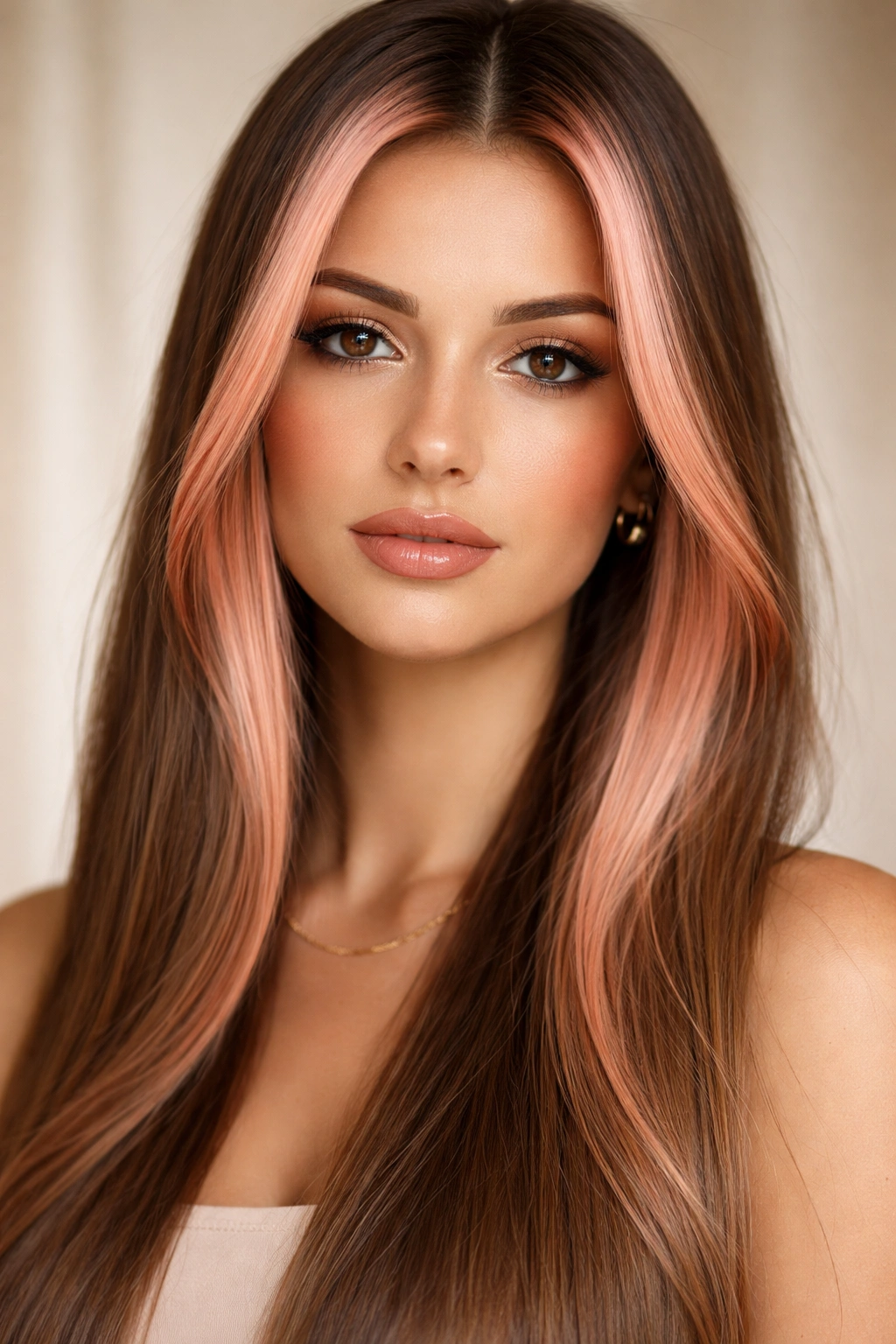 Rose gold money piece highlights on straight hair in studio lighting