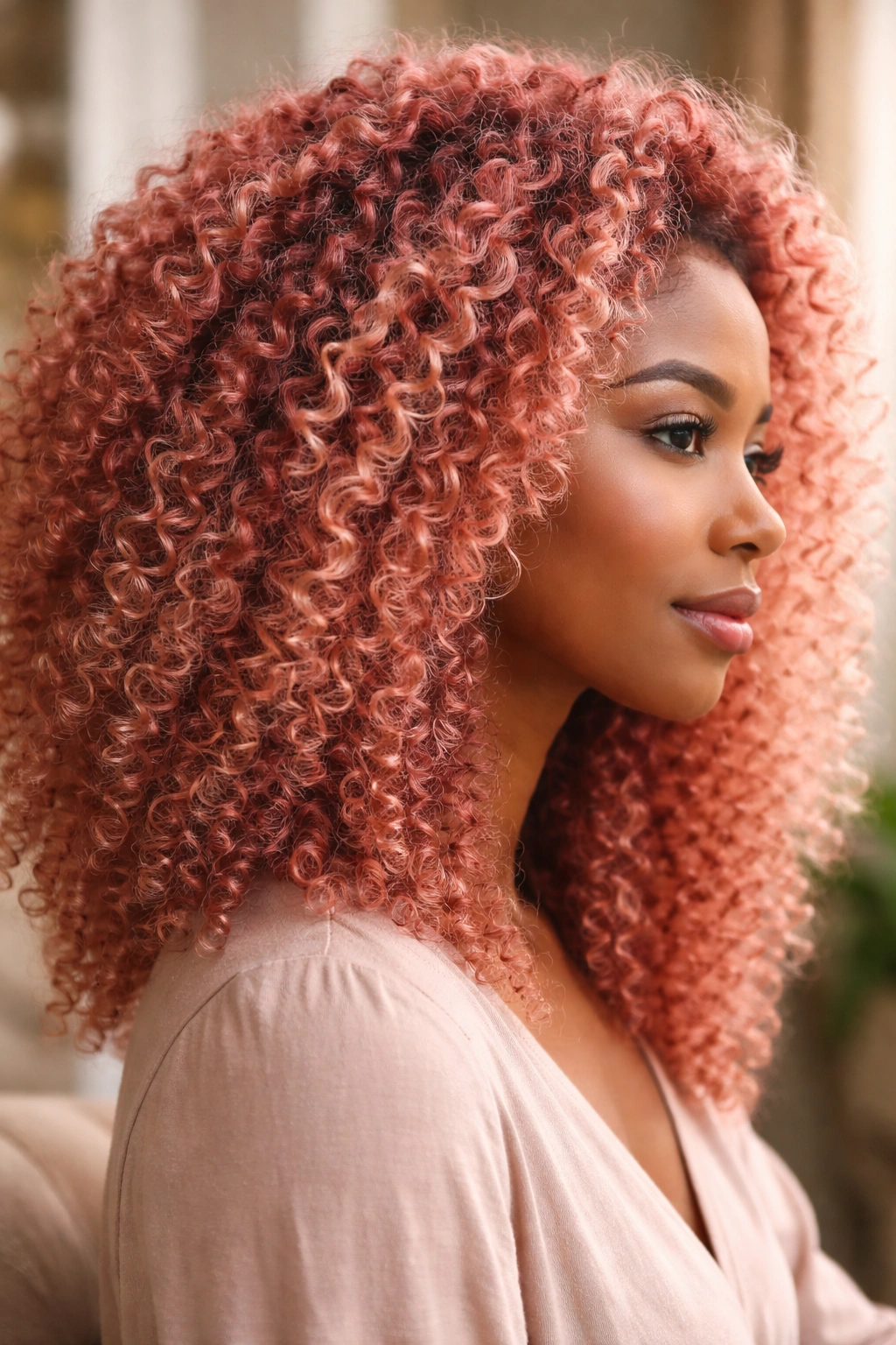 Coily hair in rose gold pink with luminous glow