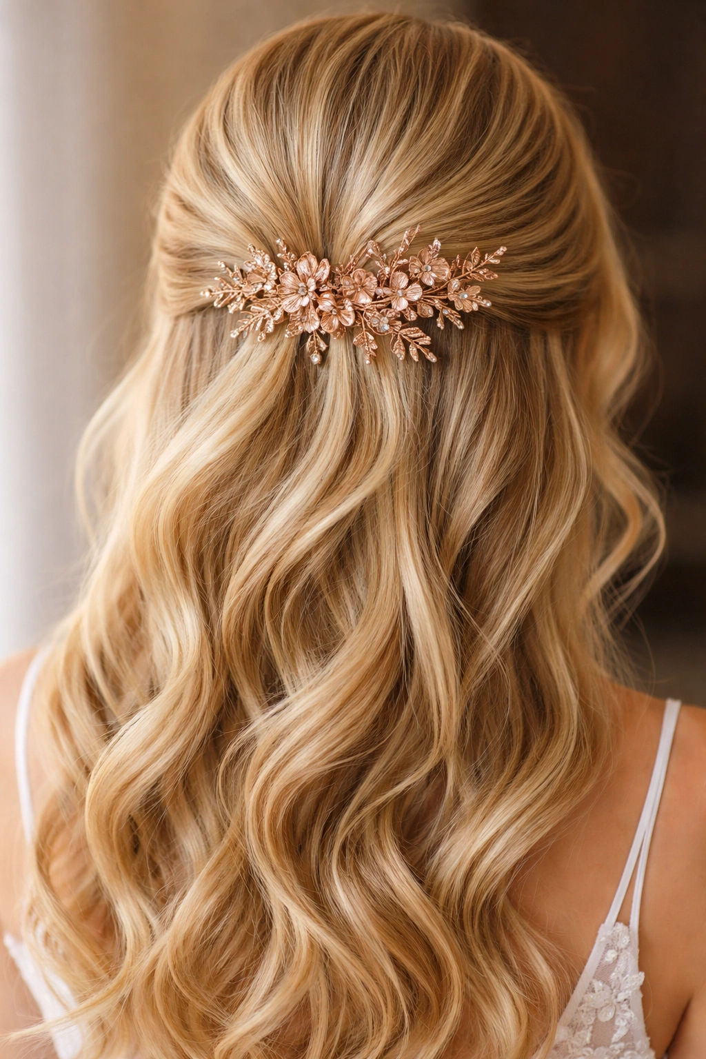 Blonde half-up hairstyle with rose gold pins at center back