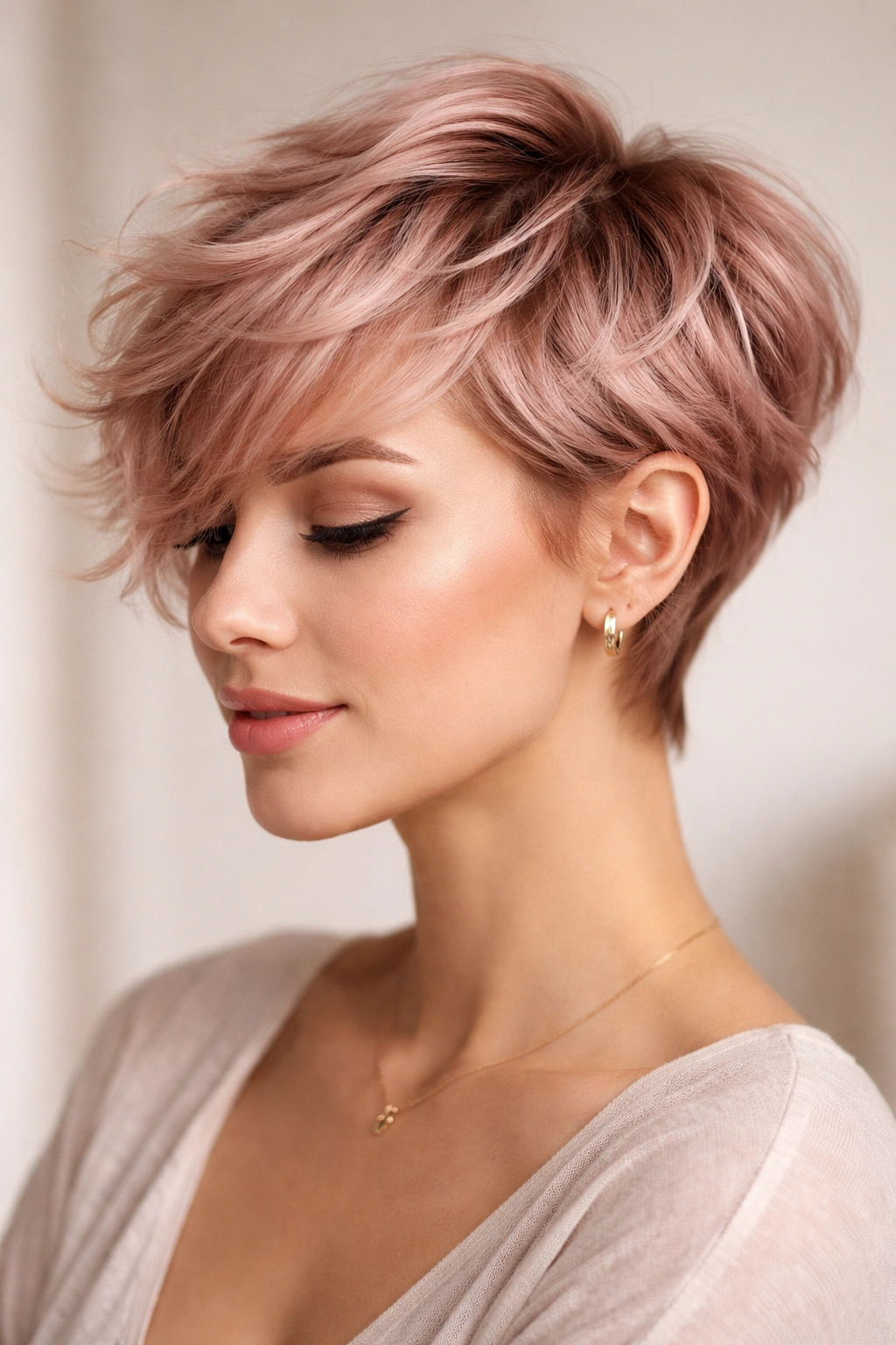 Close-up of a rose gold wavy pixie with feathered layers in studio lighting