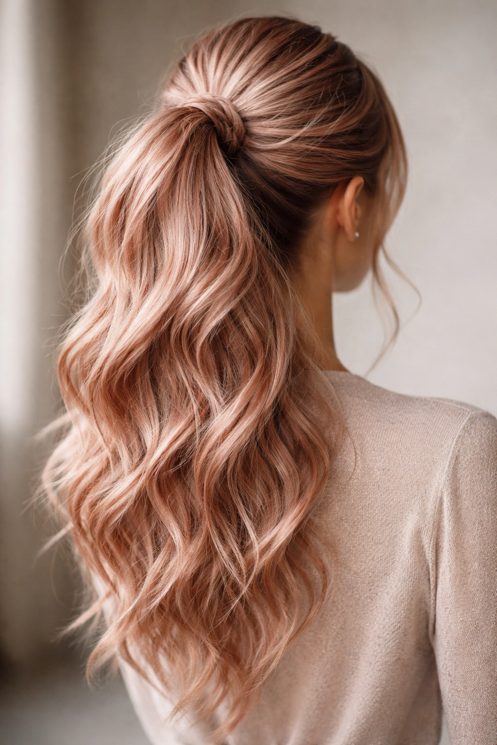 Rose gold textured ponytail with waves and braids catching light