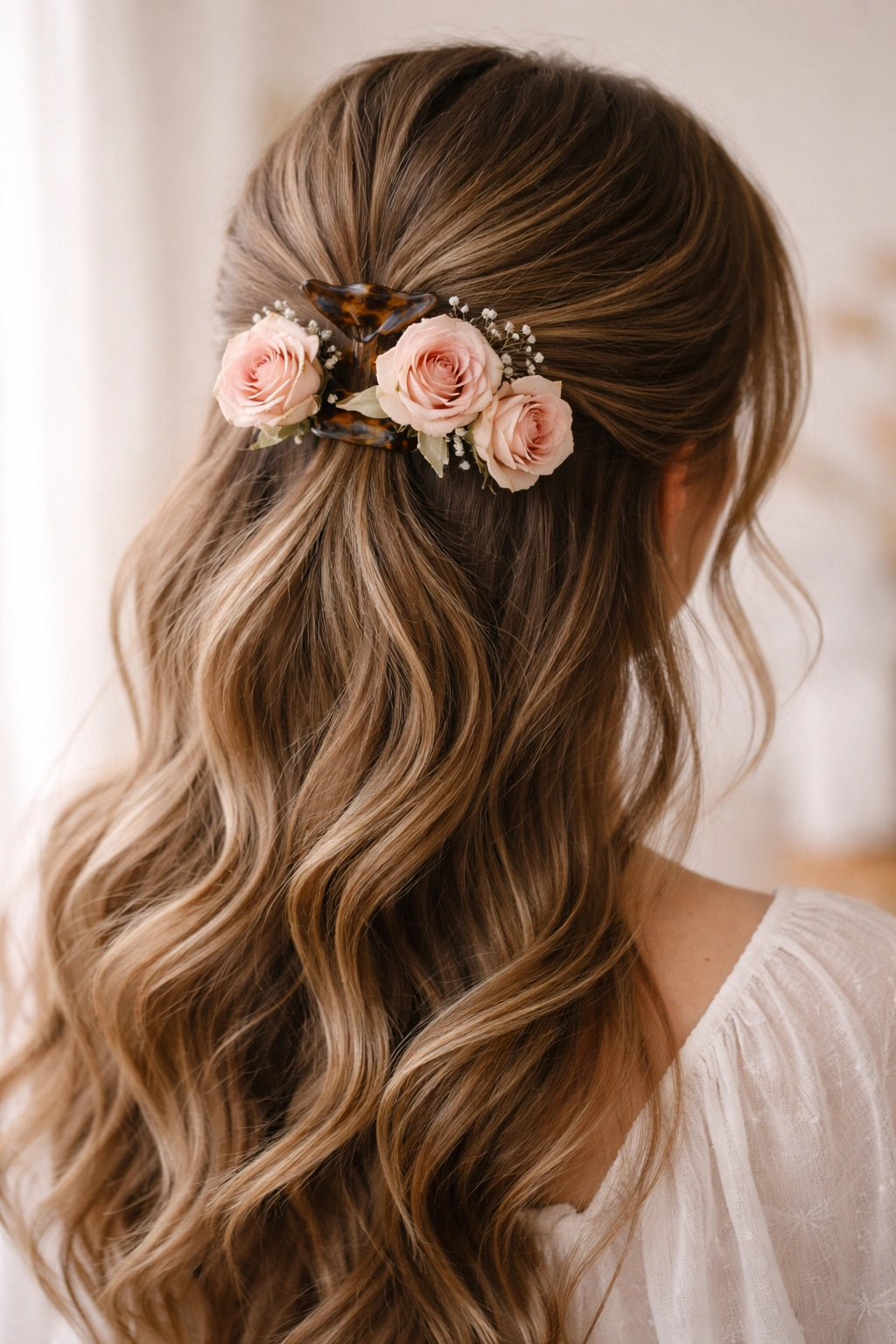 Close-up of a half-up hairstyle with blush roses tucked into a claw clip