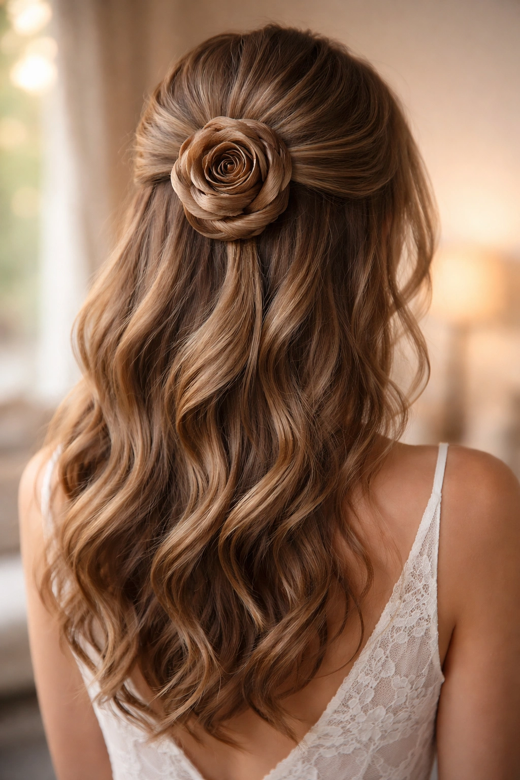 Half-up rose-inspired bun with petal-like twists at crown
