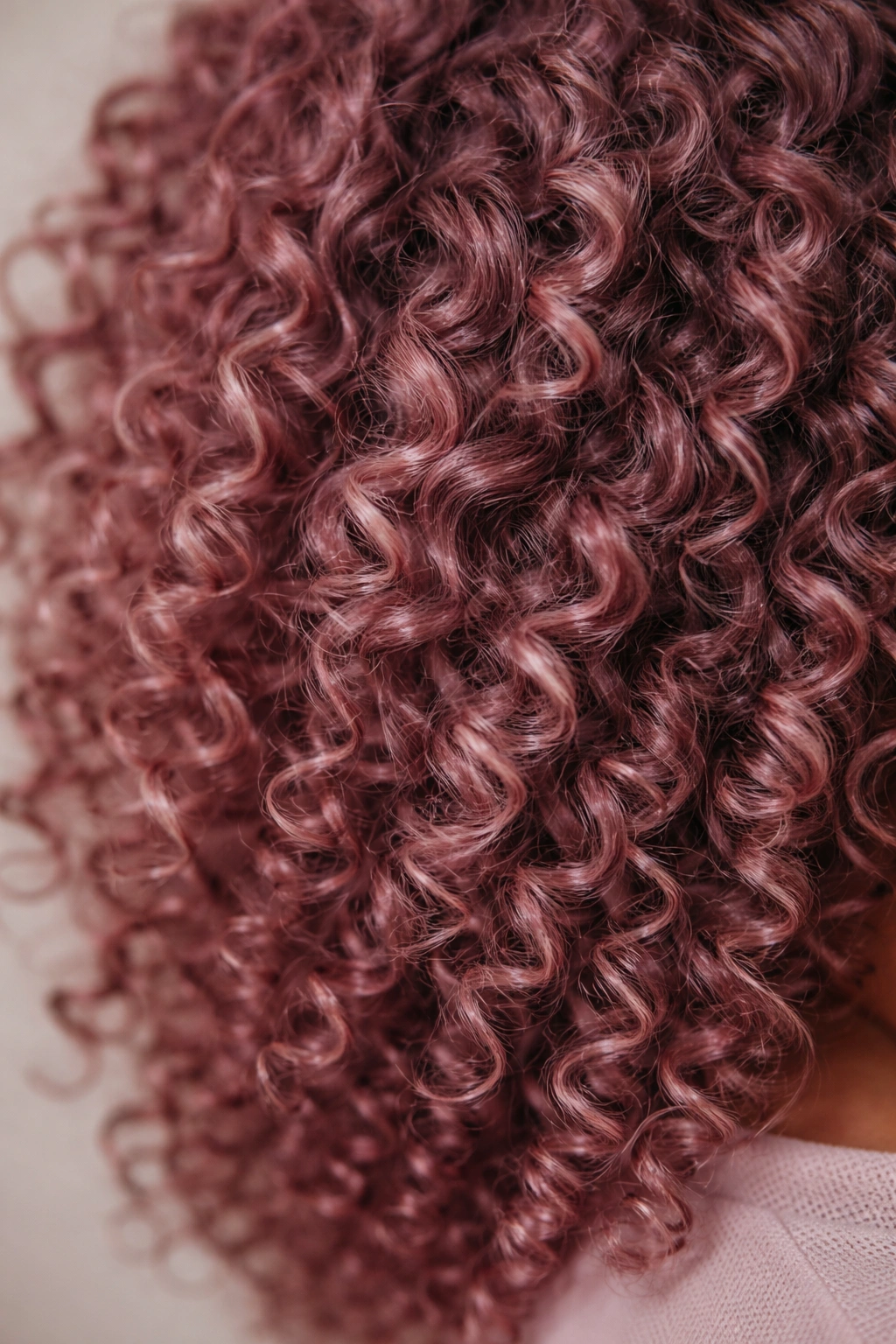 Coily hair in rosy mauve or dusty rose with muted purple undertones