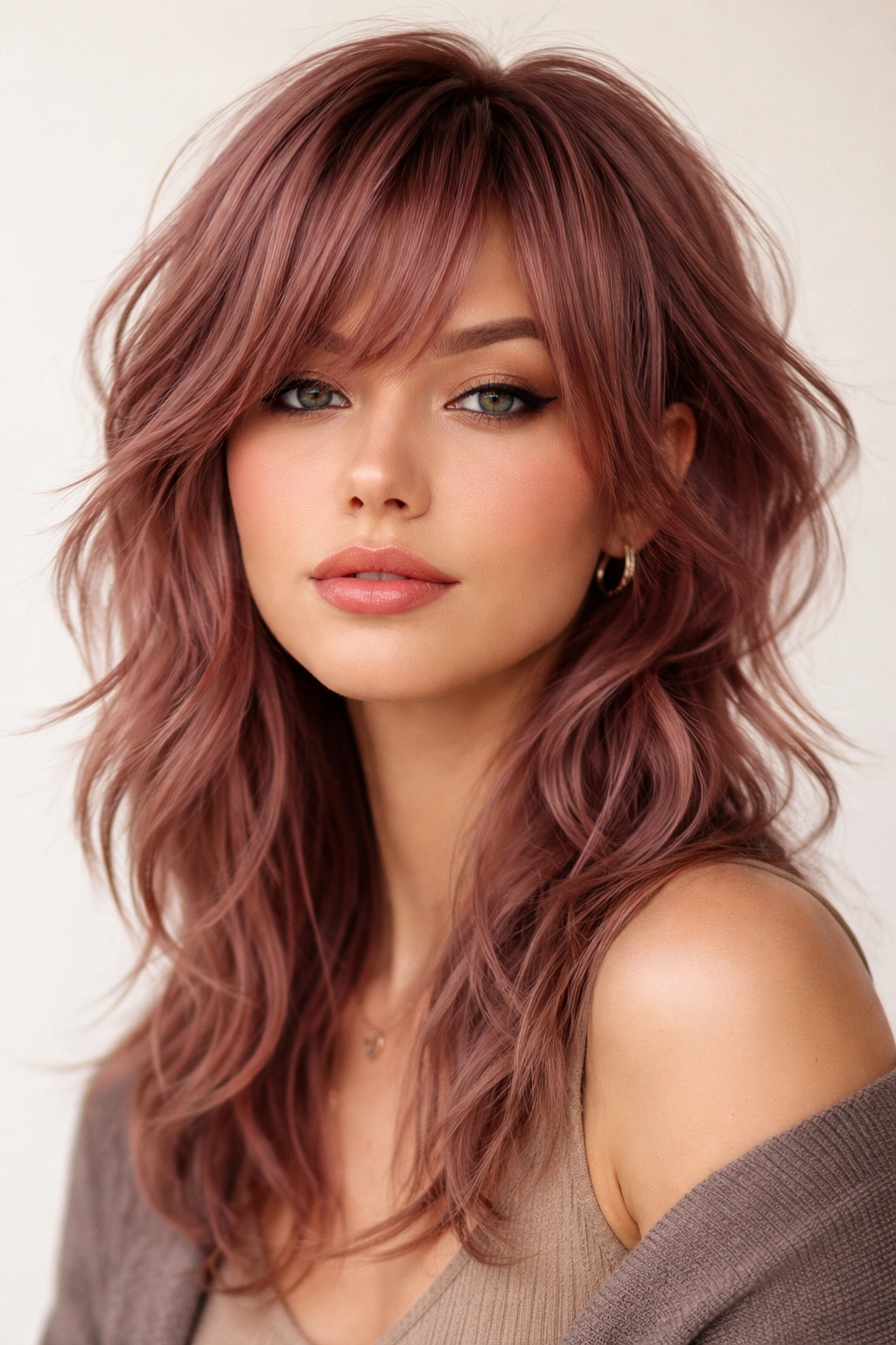 Close-up portrait of a model with rosy mauve wolf cut and soft waves, modern wavy hairstyle.
