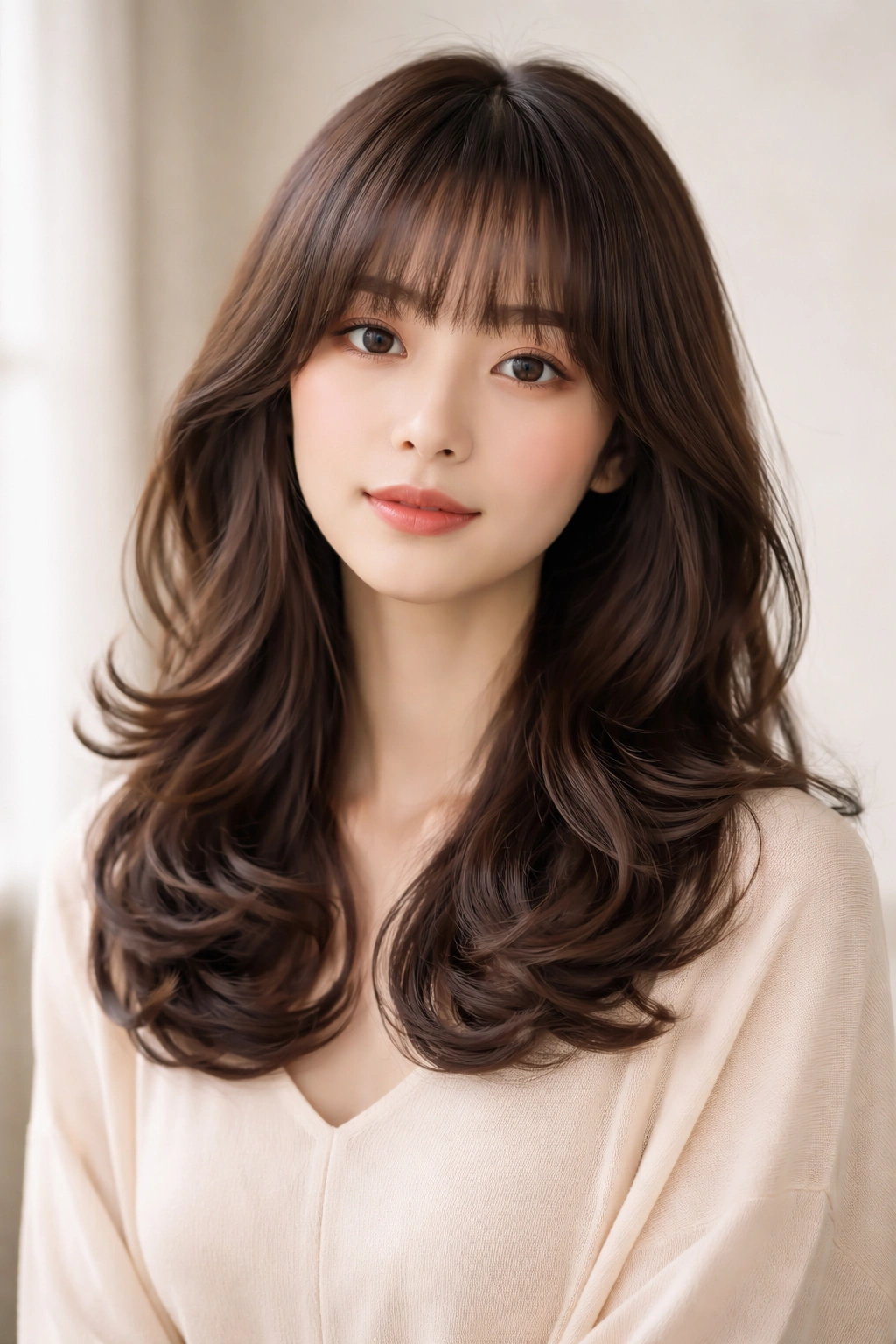 Model with rounded bangs and curled ends in medium-length wavy hair