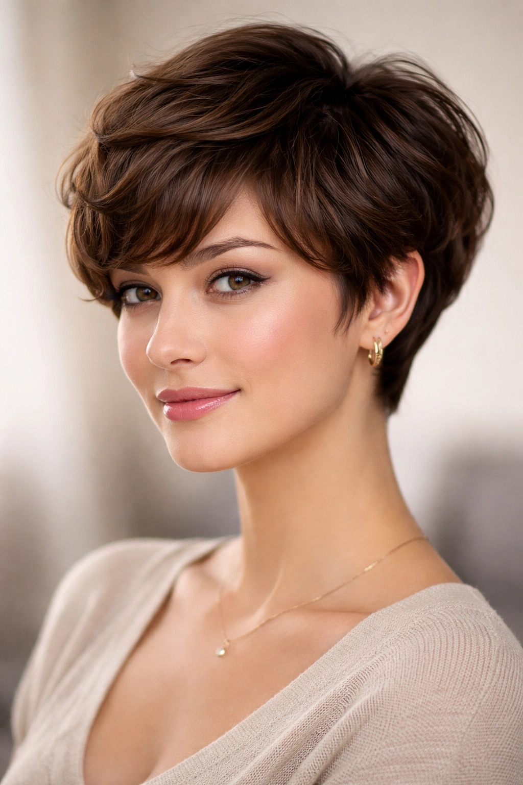 Rounded pixie with curved bangs and soft wave texture