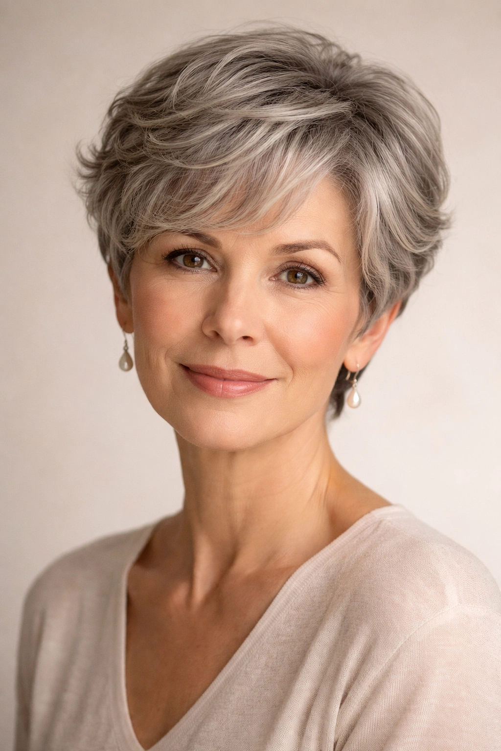 Close-up of a mature woman with a rounded pixie and soft waves in a neutral studio.