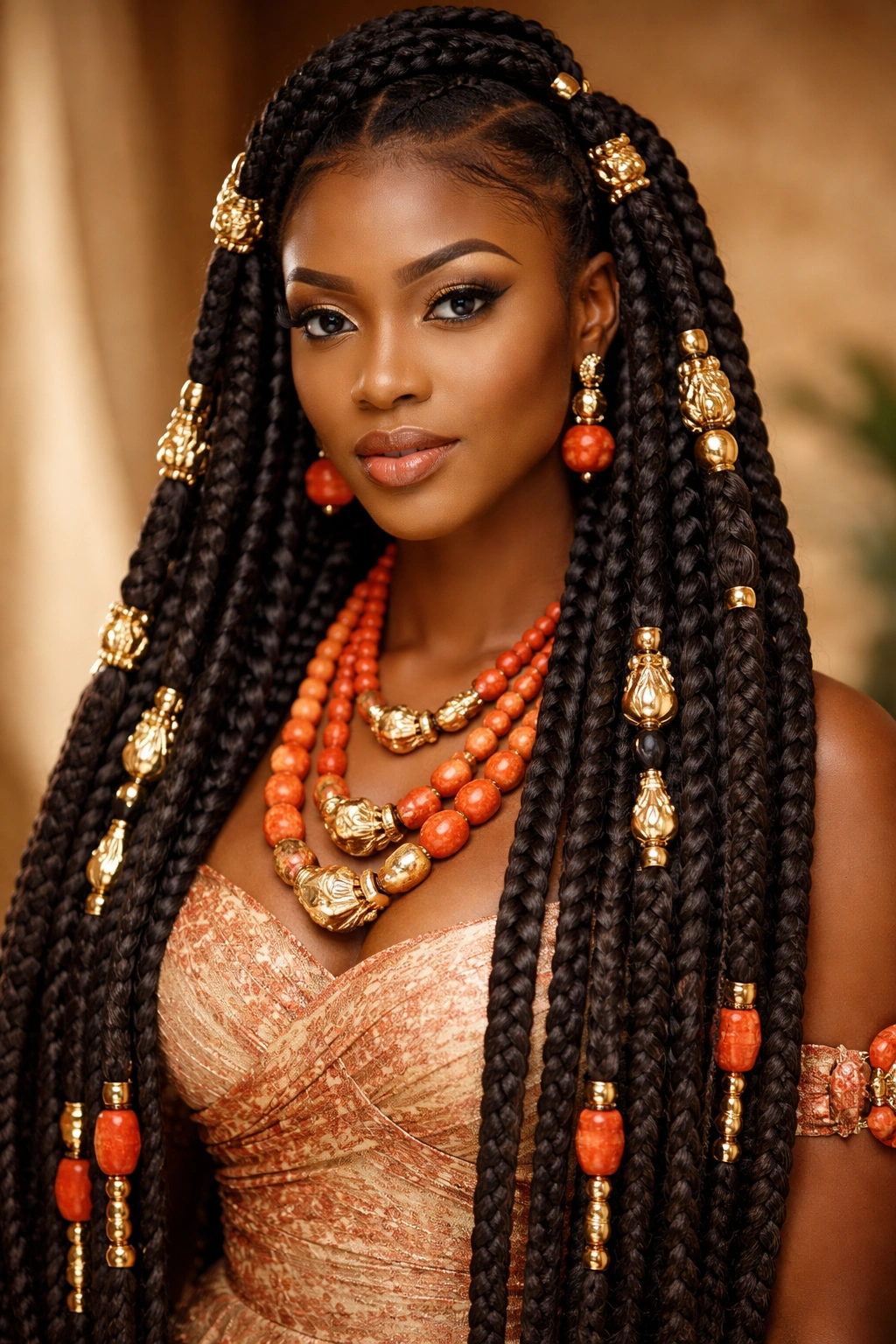 Igbo royal braids long and thick with beads and metallic accents