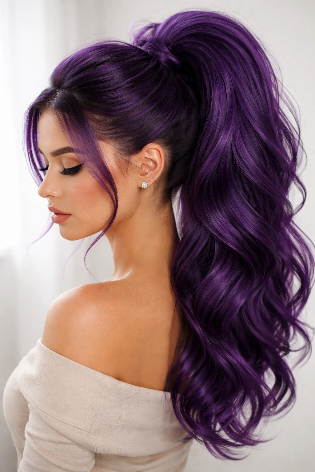 Close-up of a royal purple voluminous ponytail with height and textured crown