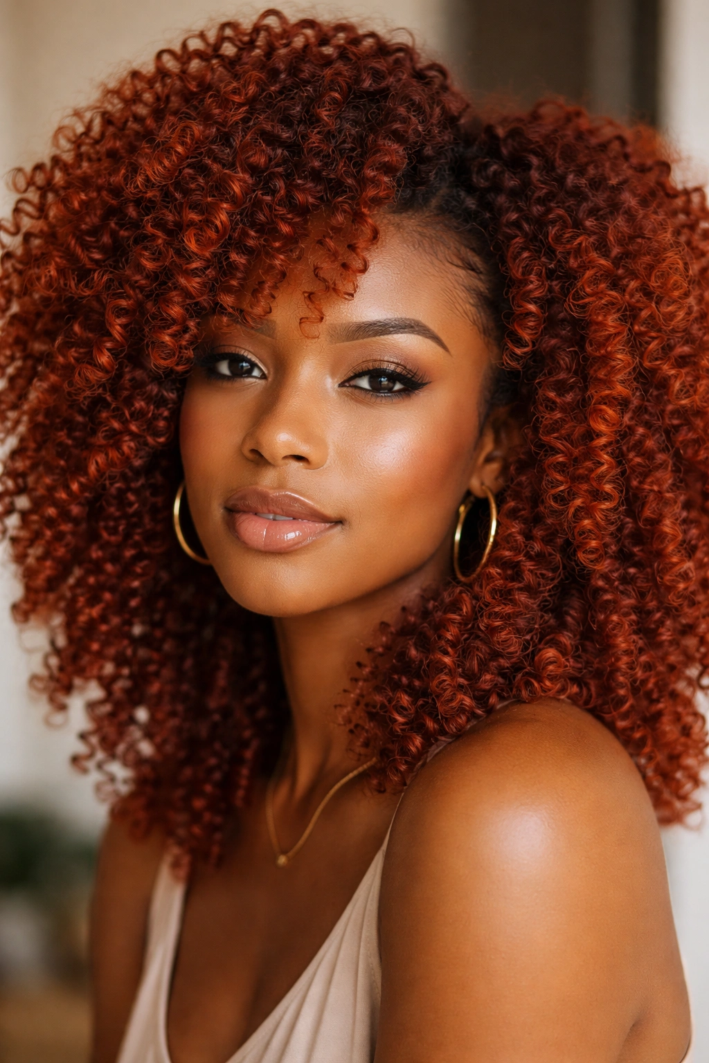 Close-up of rust orange-red coily hair with warm earthy tones