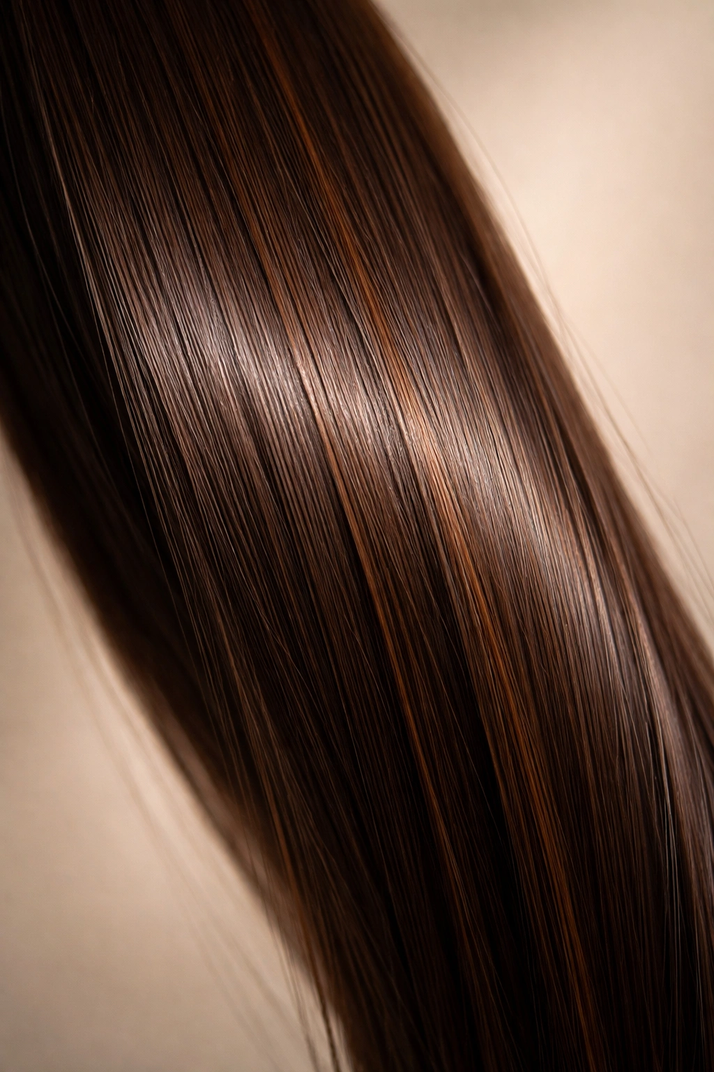 Close-up of a sable brown straight hair strand with warm highlights