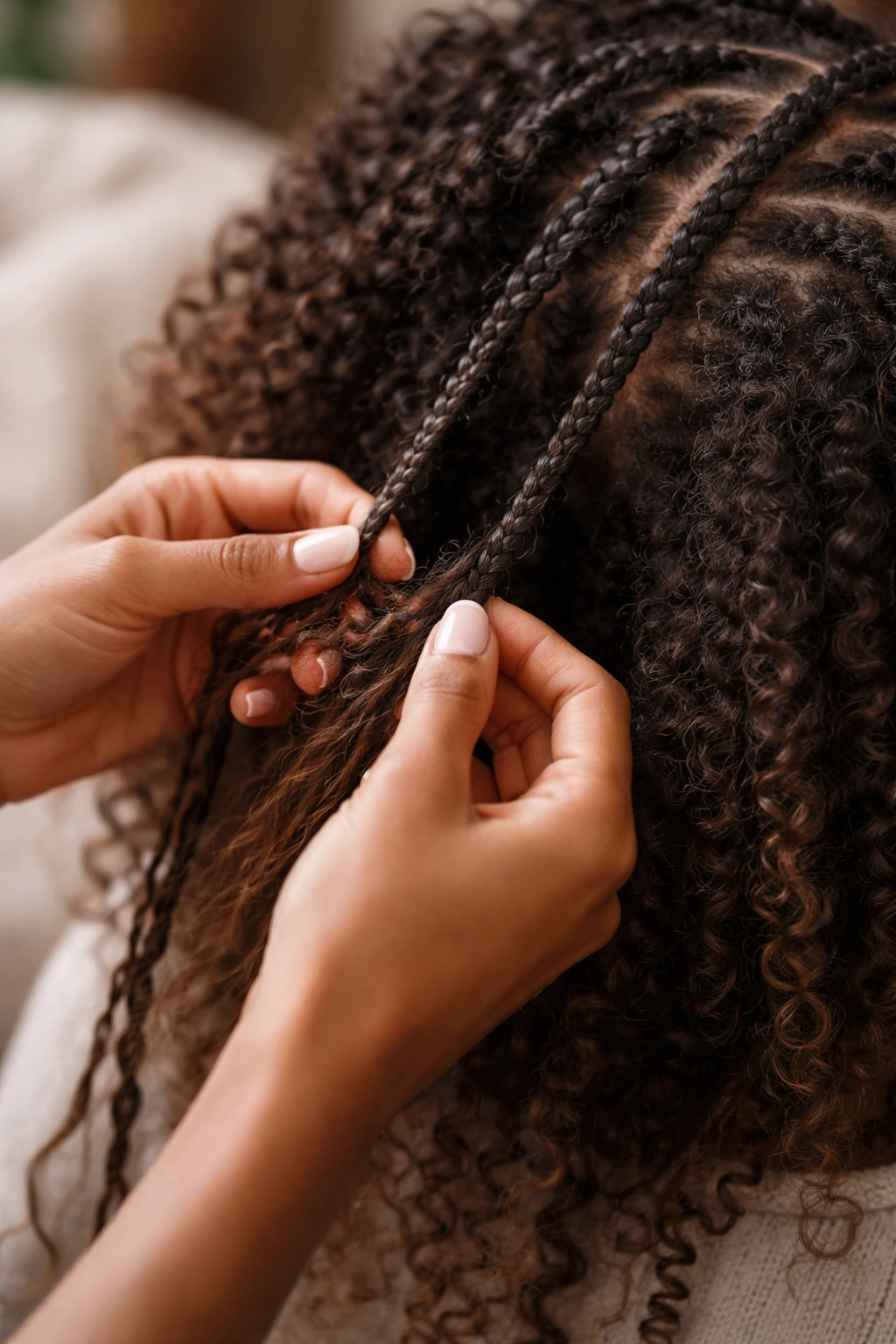 Hands delicately unraveling Fulani braids with natural hair visible