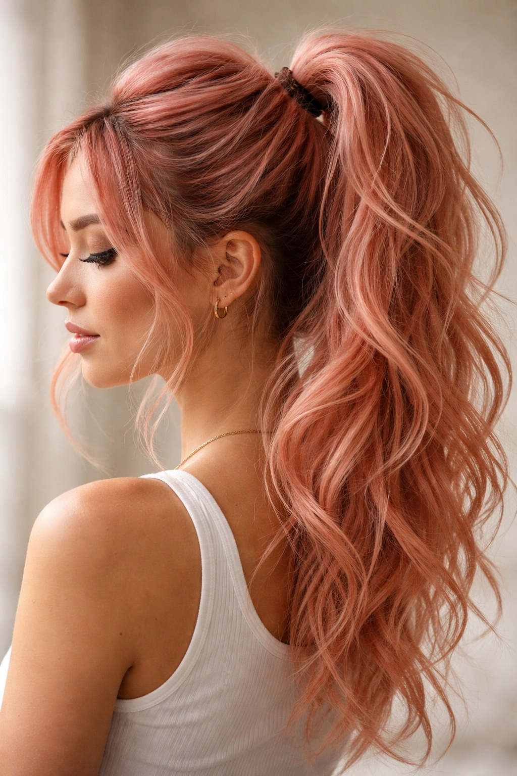 High ponytail in salmon pink with textured messy waves and flyaways
