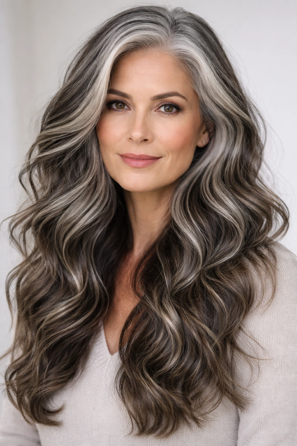 Long salt-and-pepper waves with darker lowlights for depth