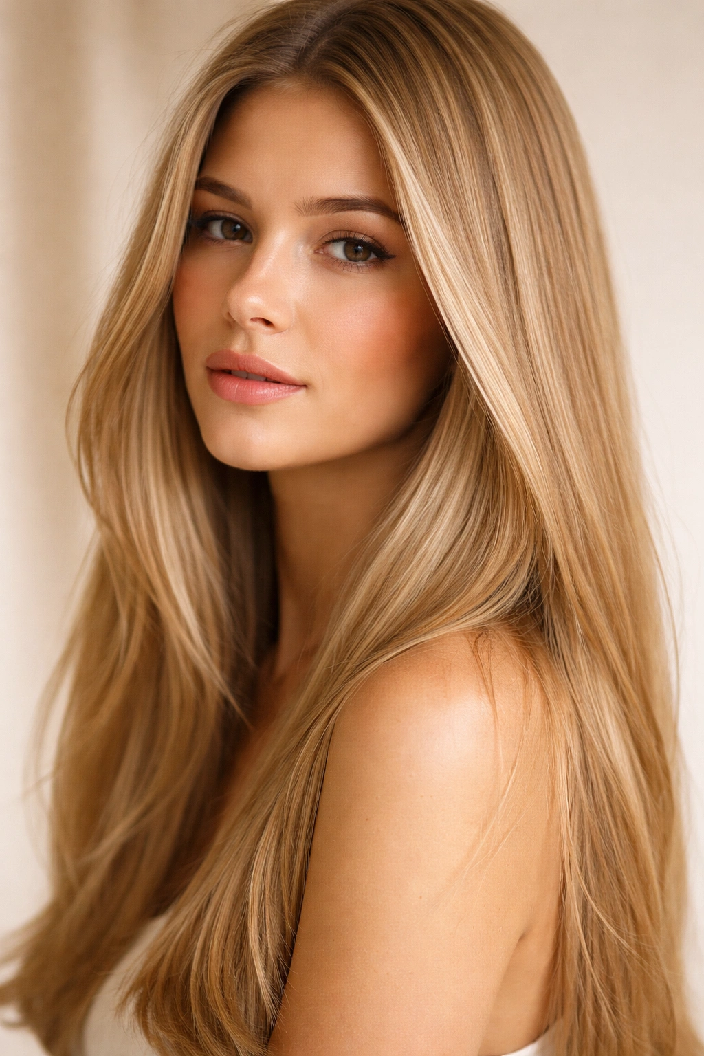 Close-up of straight sandy blonde hair with warm sun-kissed glow.