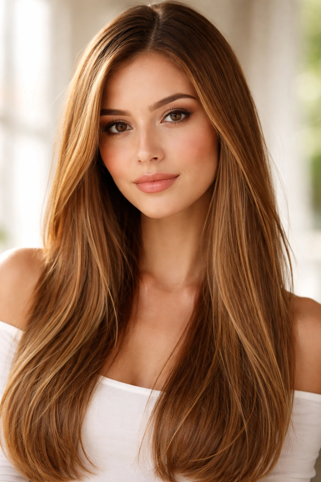 Sandy brown straight hair with sun-kissed golden peach undertones.