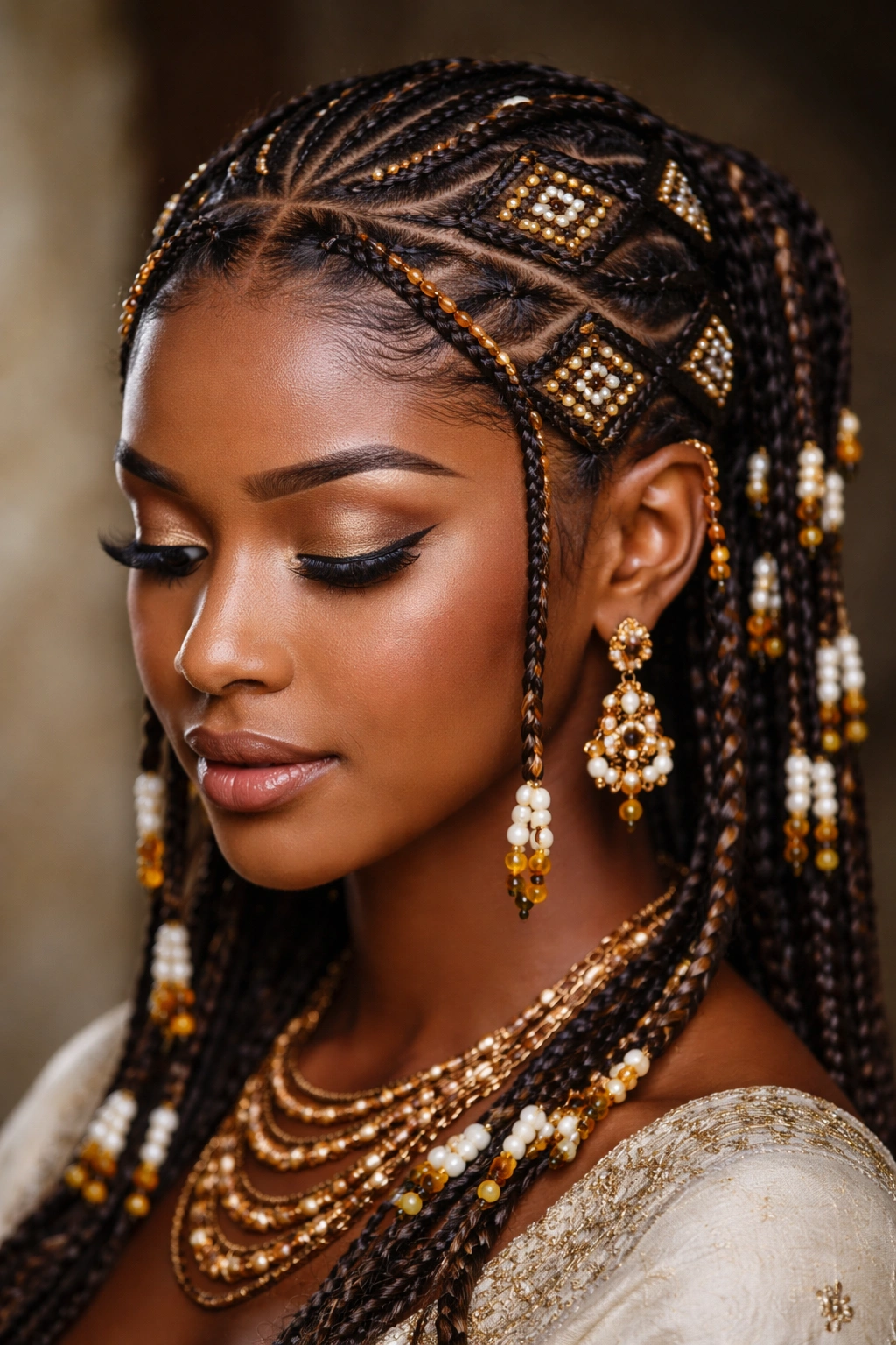 Sankaranda geometric cornrows with beads across the scalp