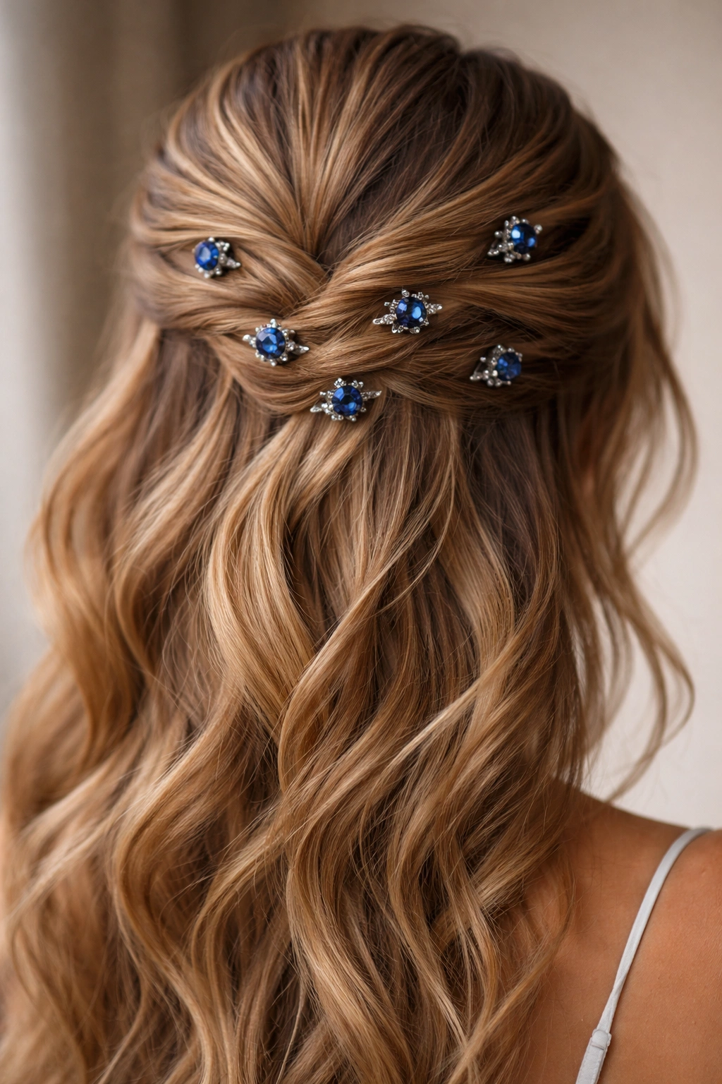 Close-up of sapphire pin scattered half-up hairstyle