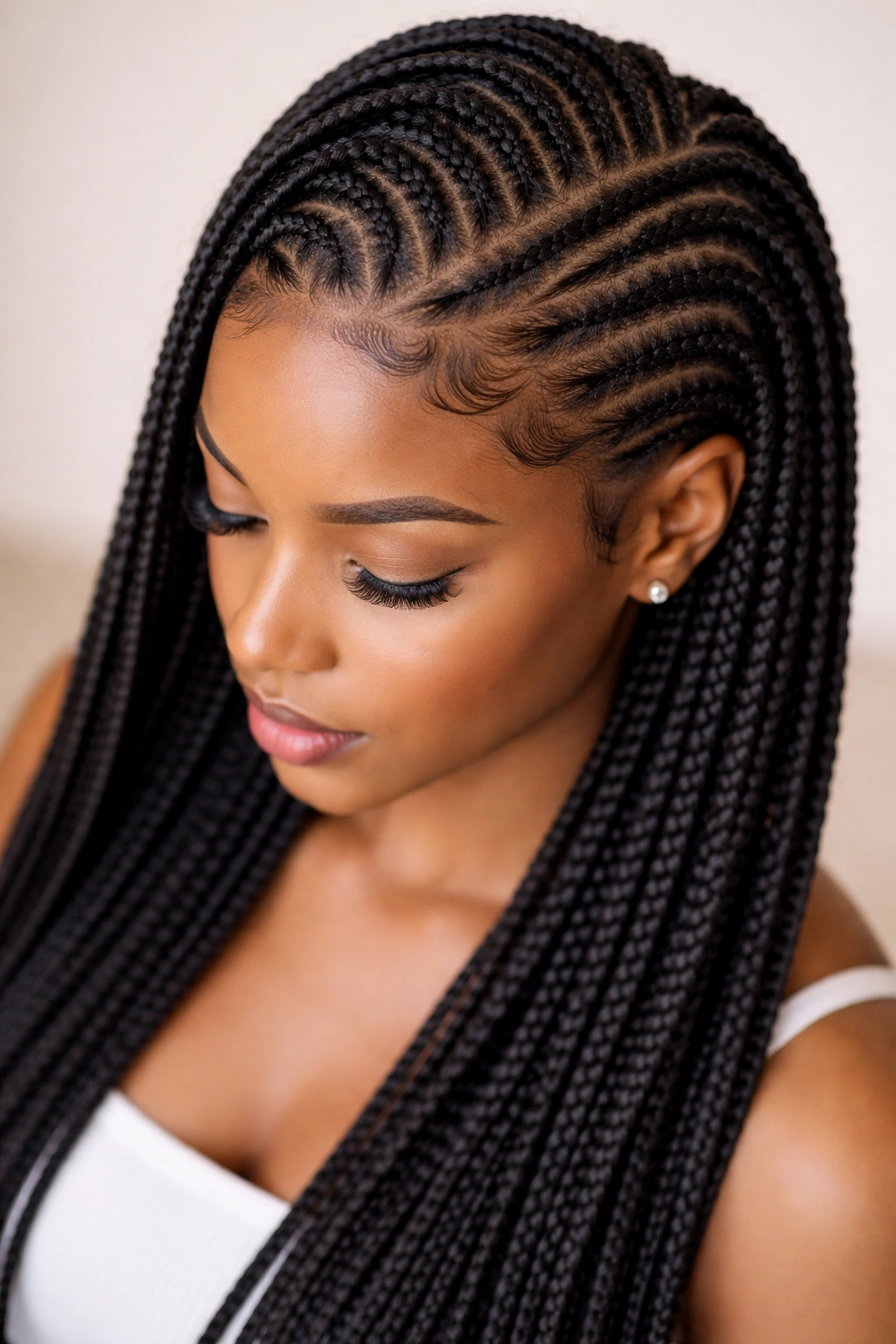 Close-up of scalloped hairline with curved cornrow edges and sleek box braids