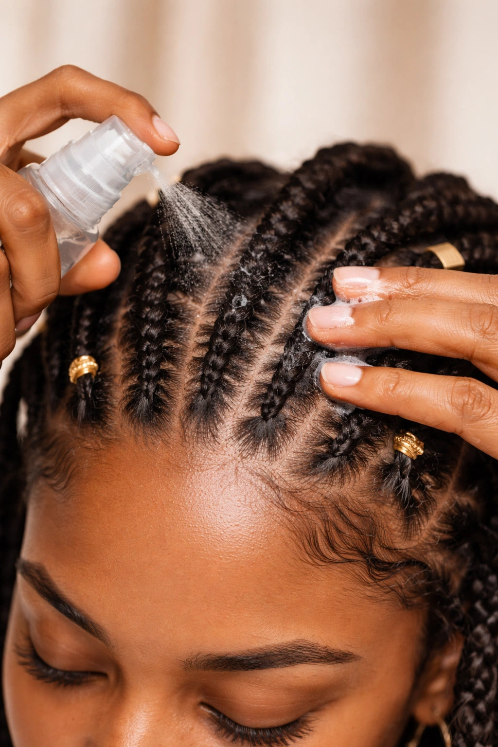 Scalp being cleansed between braids with spray bottle and fingertips