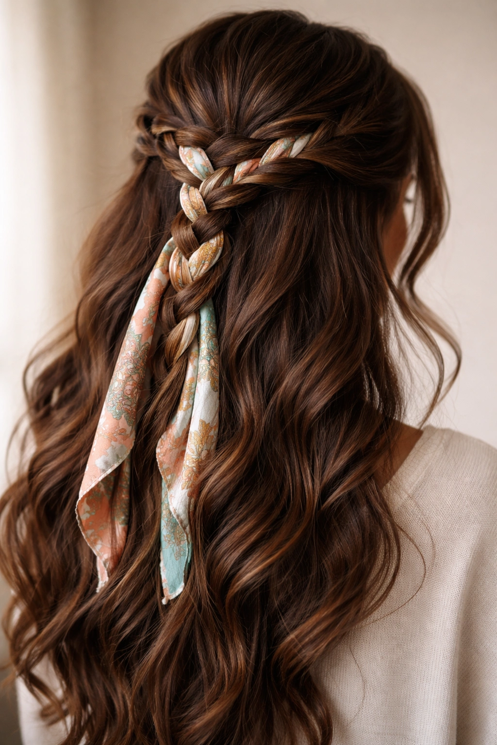 Hair braided half-up with a scarf woven through for color and grip