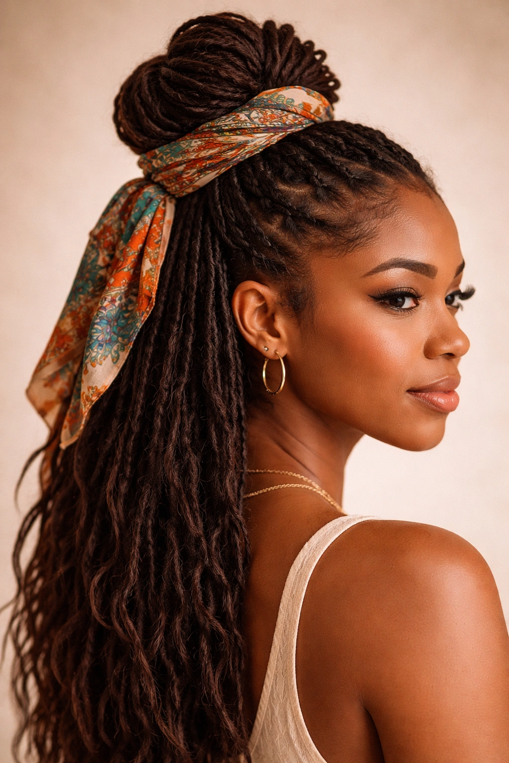 Close-up of The Scarf-Wrapped Half-Up Bun with a colorful scarf woven around the base
