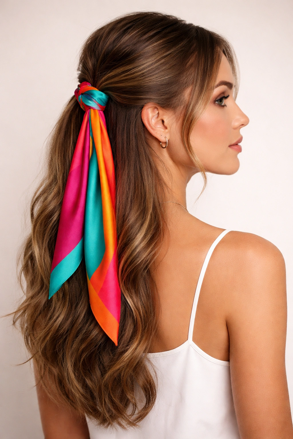 Close-up of a half-up hairstyle with a bold jewel-toned scarf contrasting with dark hair
