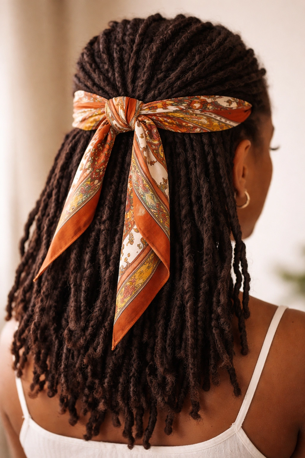 Close-up of medium locs in a scarf-secured half-up hairstyle with a colorful scarf