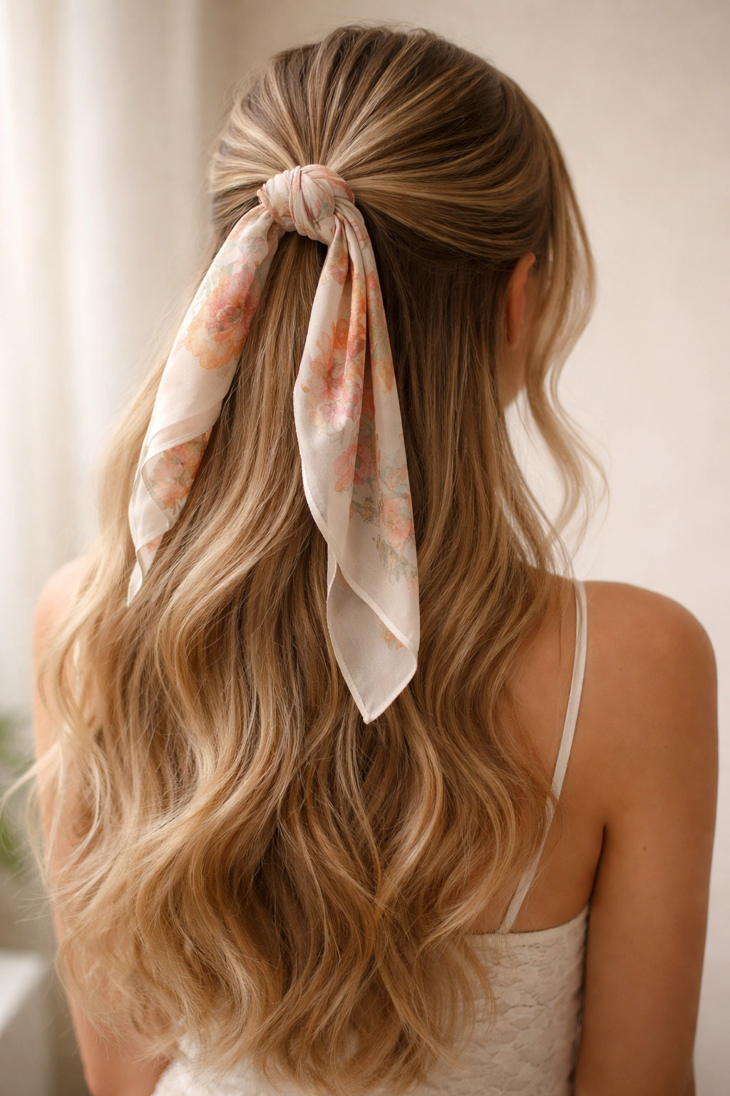 Close-up of scarf-wrapped half-up ponytail with flowing ends
