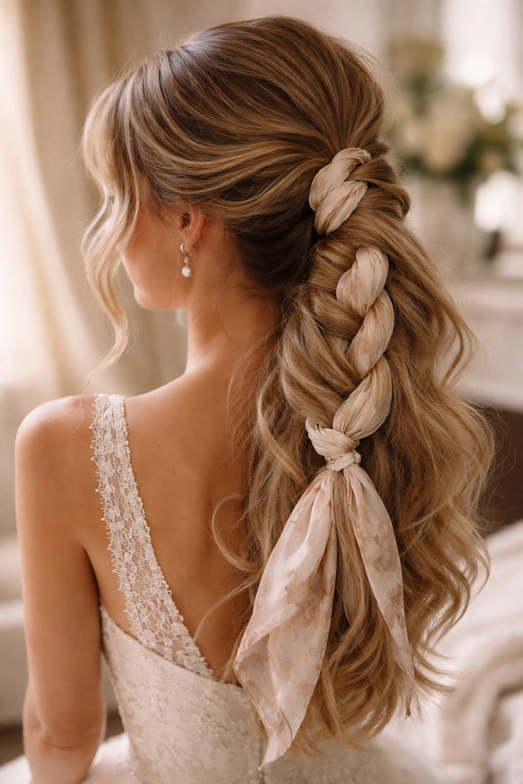 Ponytail with a scarf woven through hair, showcasing texture and movement
