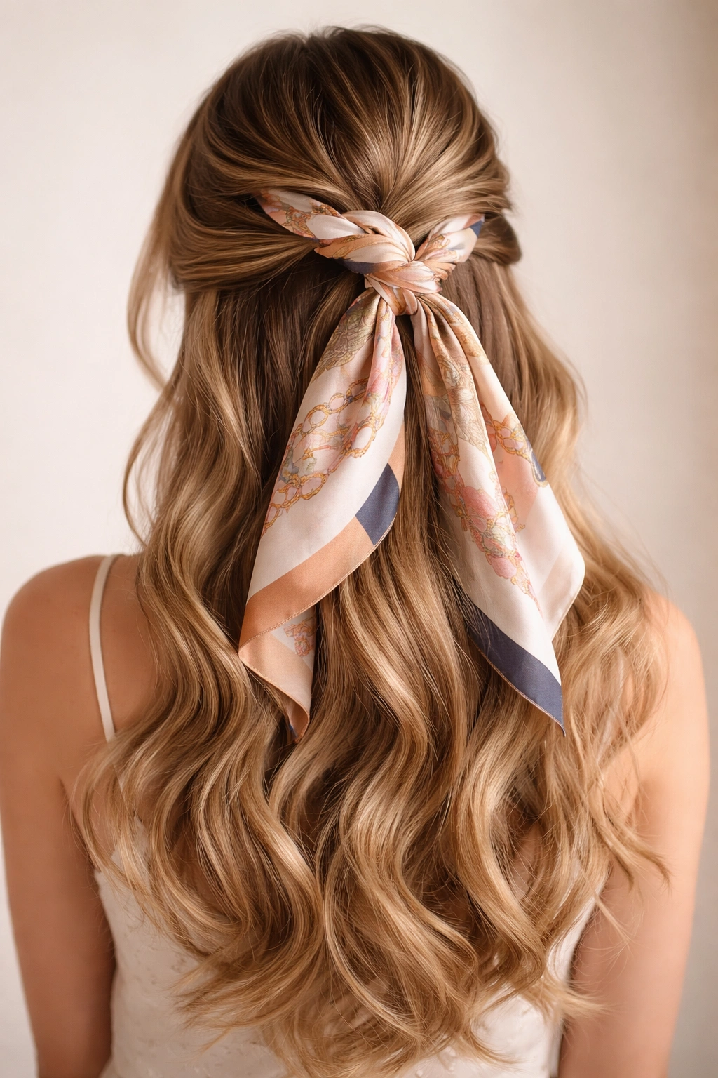 Side/back view of scarf-wrapped half-up hairstyle with bow.