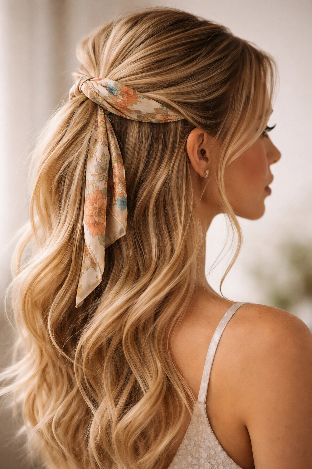 Hair half-up secured with a decorative scarf wrapped at the base.