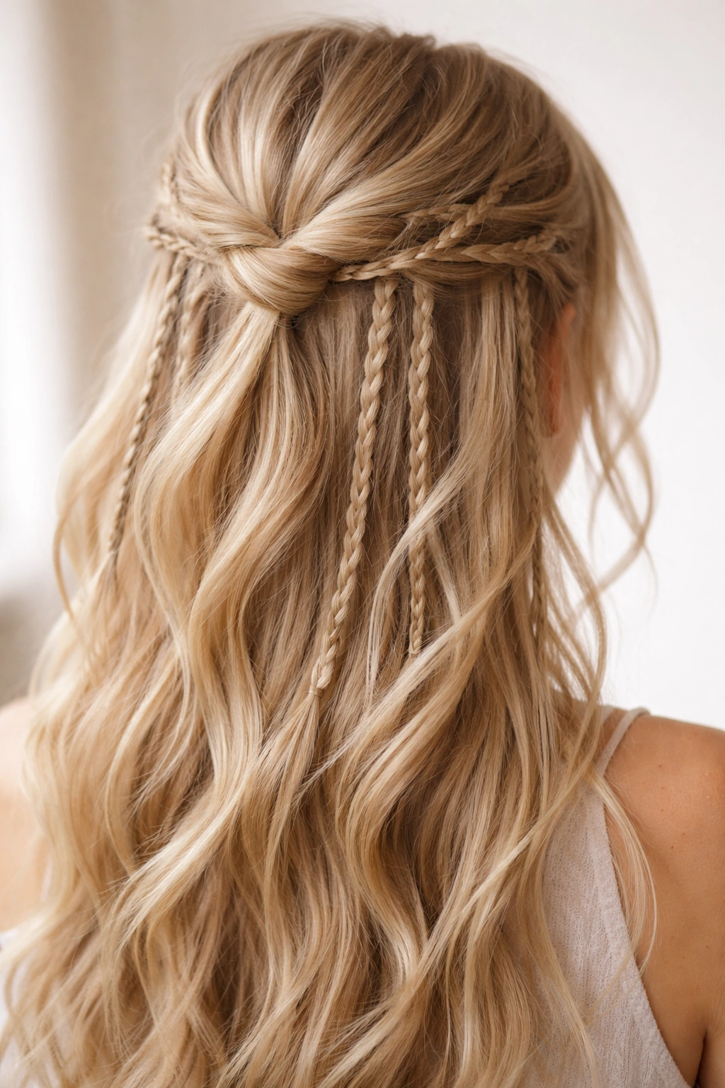 Half-up hairstyle with scattered thin braids across the crown.