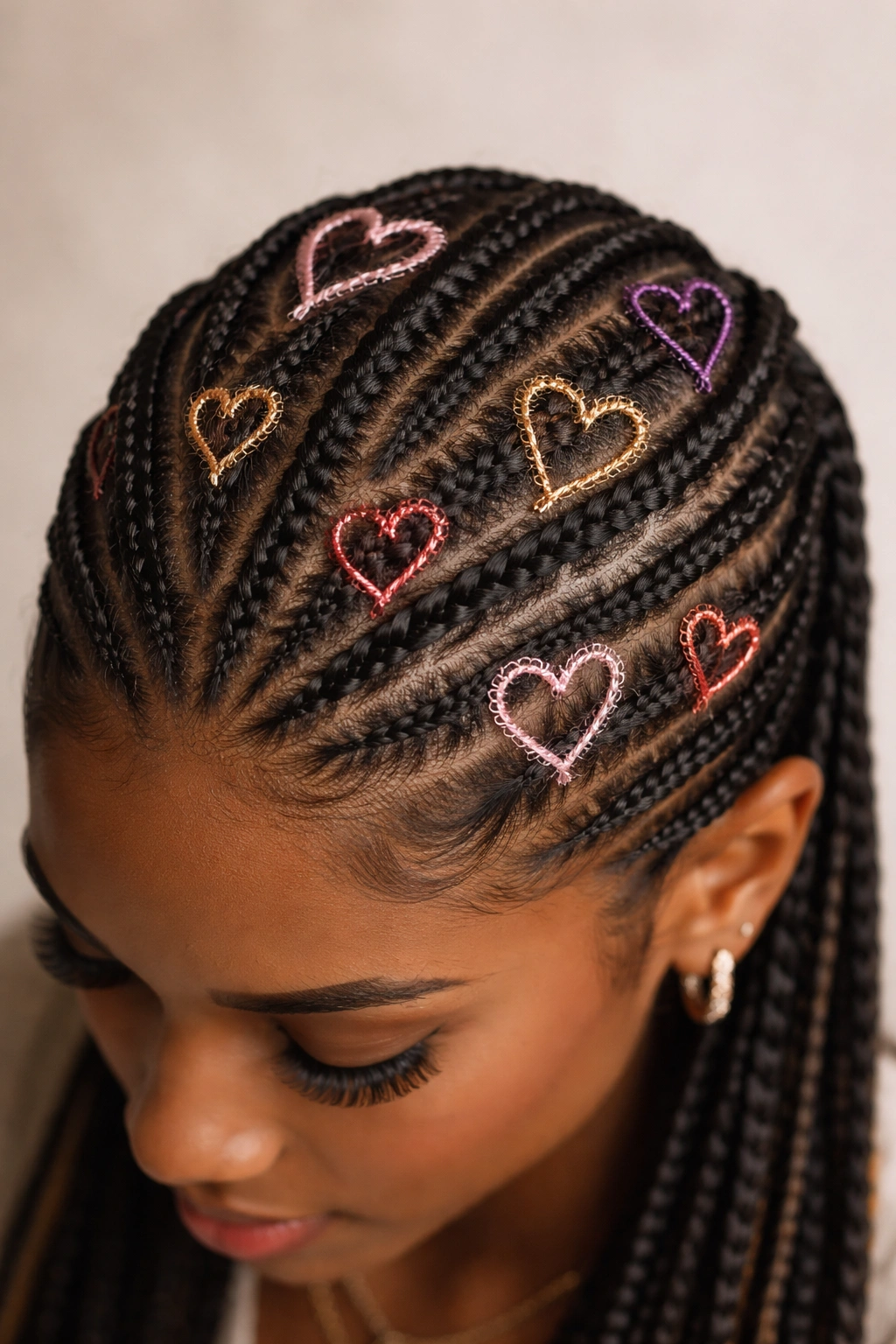 Head with multiple scattered heart shapes braided in cornrows
