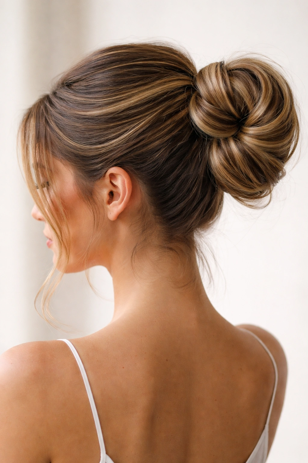 Mid-height scoop bun created from loops around the ponytail