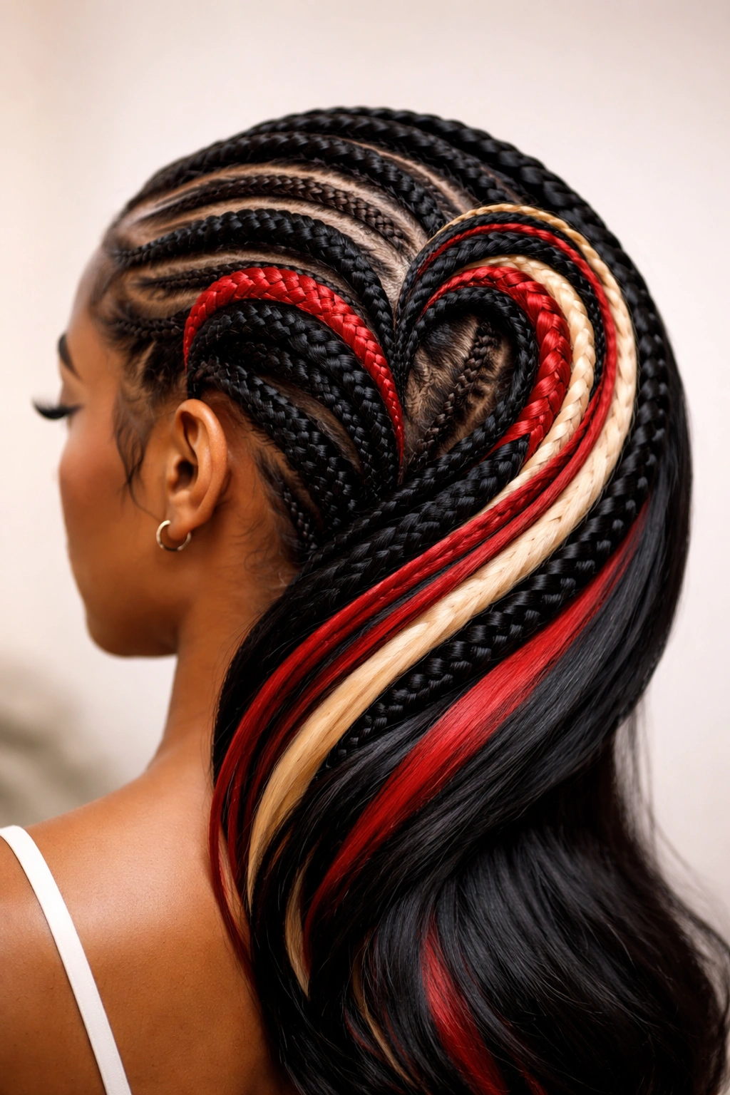 Three-dimensional sculpted heart cornrow with extensions