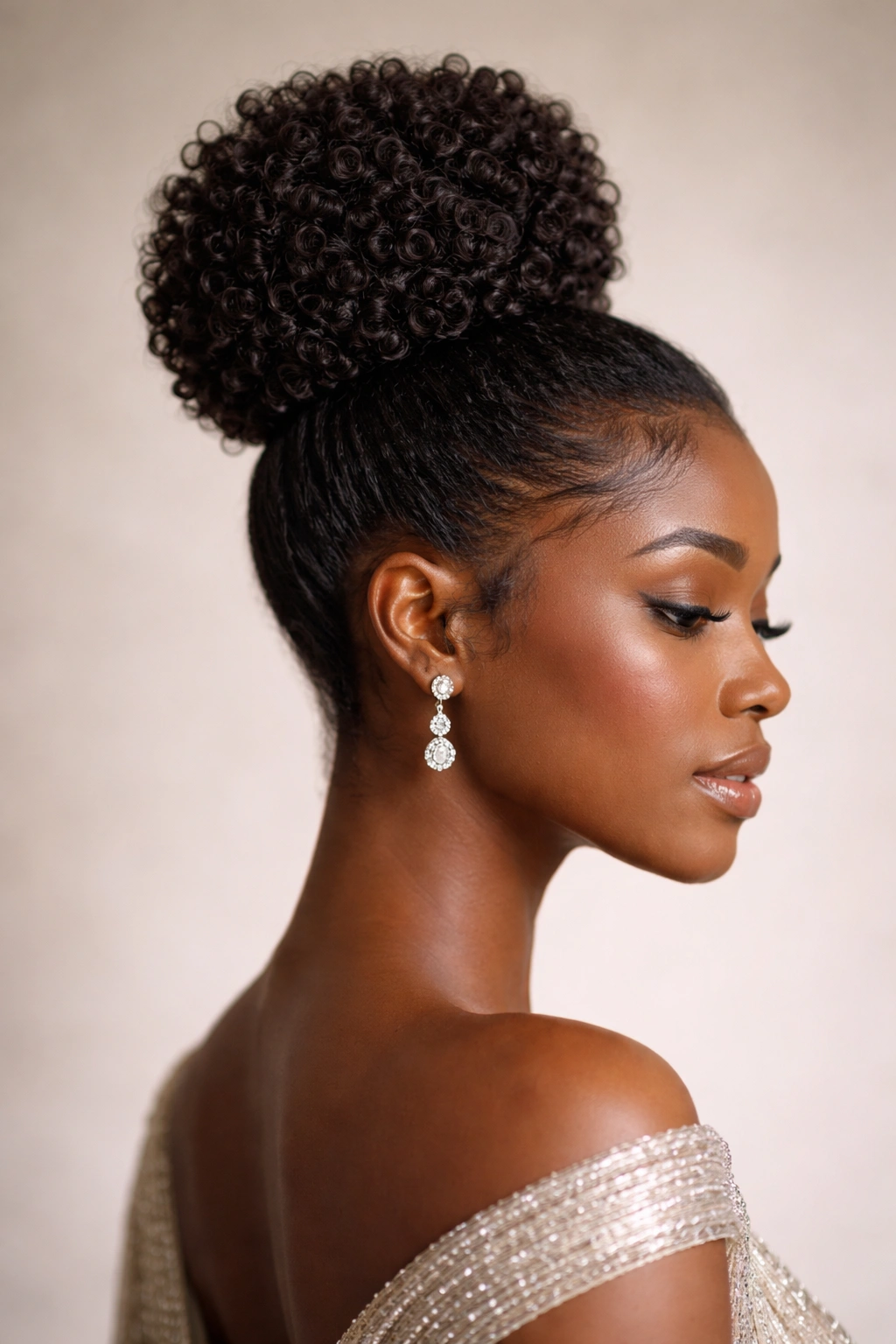 Close-up of a sculpted high bun made from coily curls atop the crown, bold architectural hairstyle