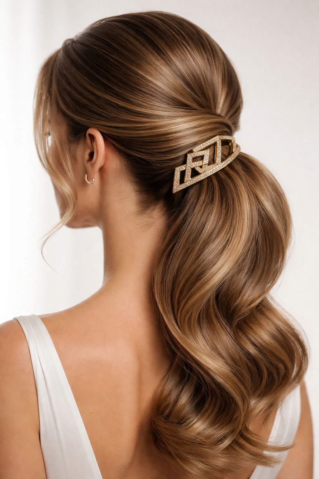 Sculpted side ponytail with geometric hair comb for modern wedding look