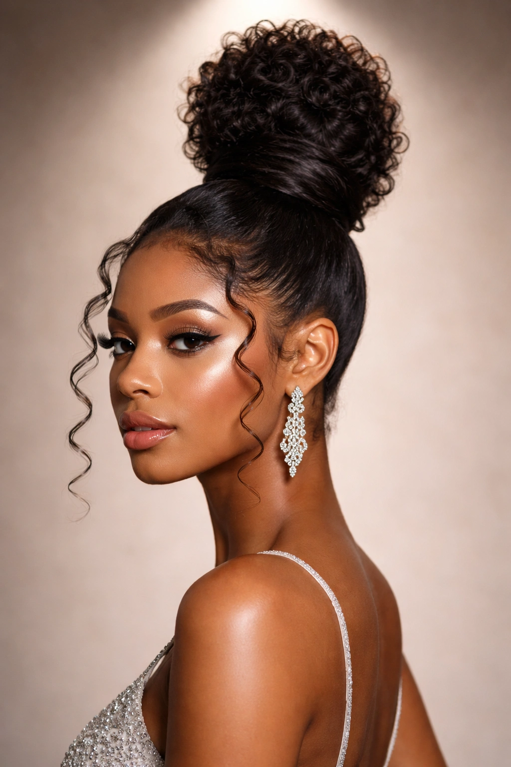 Architectural sculpted high topknot with face-framing curls