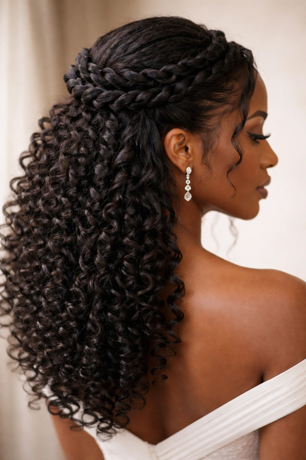 Close-up of sculptural crown formed by thick twists with defined coils below