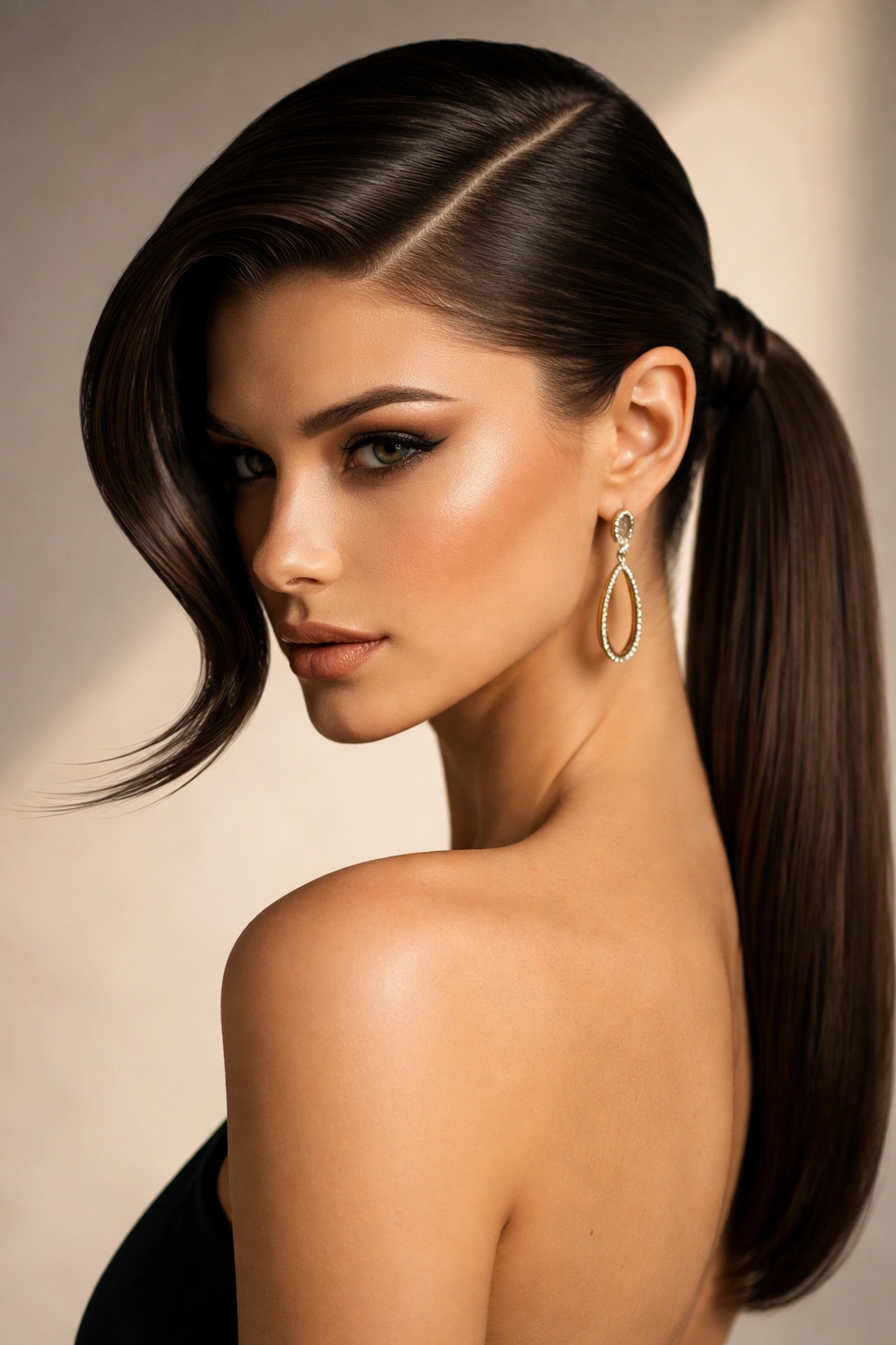 Editorial portrait showing a sculptural sculptural side part with a low ponytail.